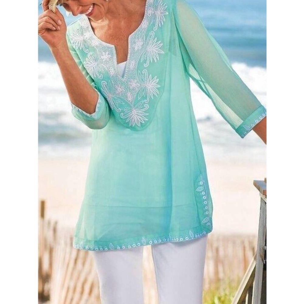 Soft Sorroundings embroidered sheer mint tunic top